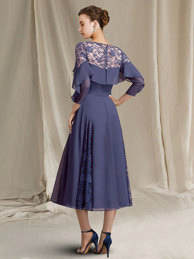 Wholesale A-Line Mother of the Bride Dress Elegant Jewel Neck Tea Length Chiffon 3/4 Length Sleeve with Pleats Sequin Ruffles